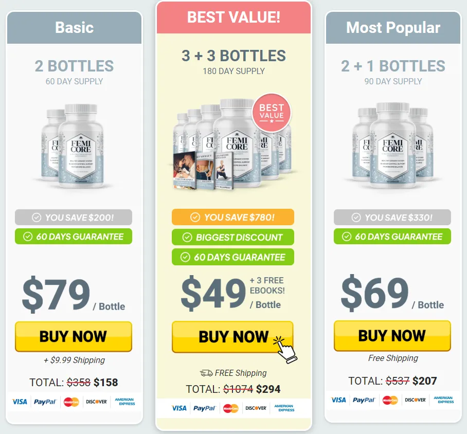 FemiCore 2 bottle 3 bottle and 6 bottle package pricing